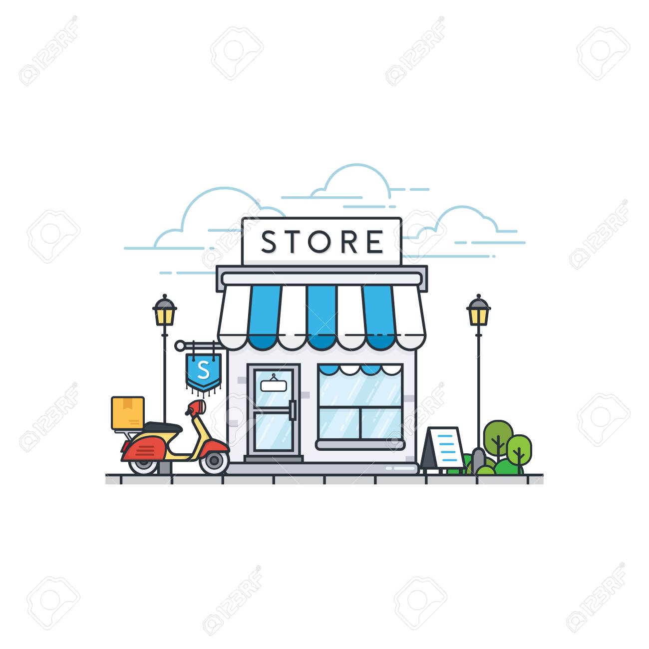 93020681-online-store-building-store-front-and-scooter-delivery-street-local-retail-shop-building-vector-illu