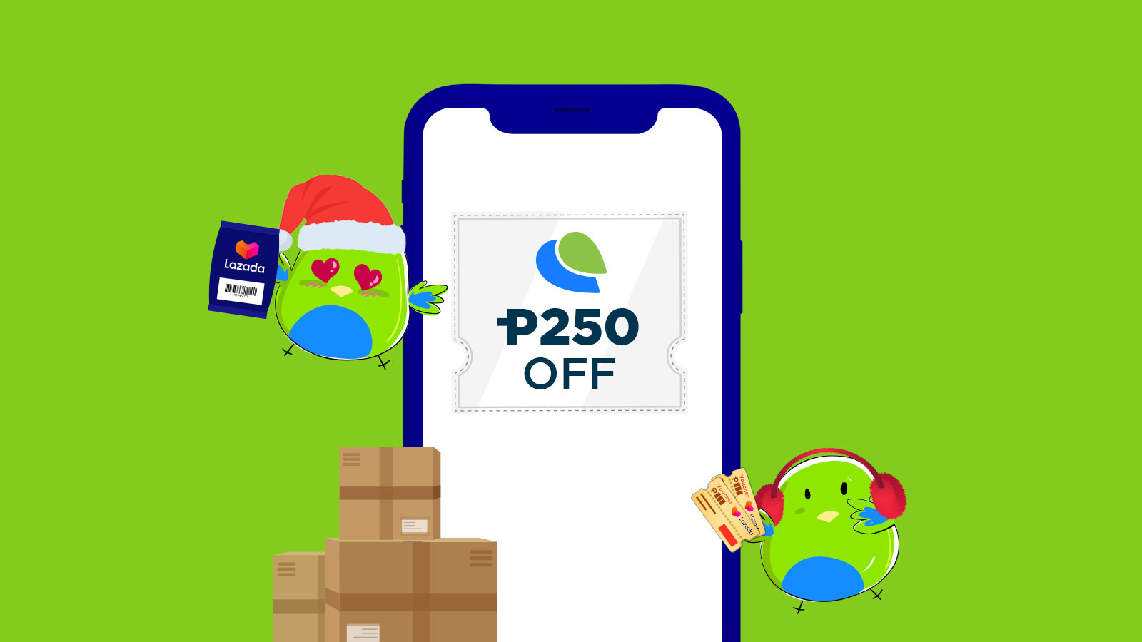 Two PayMaya Birds floating around beside a blue Mobile Phone