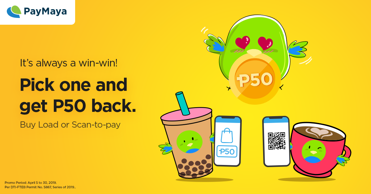 PayMaya Bird floating under a cup of coffee and a milk tea with green straw holding phones