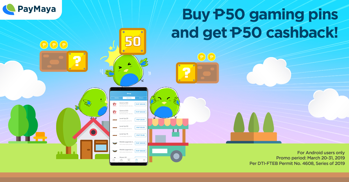 PayMaya Birds outside playing and standing in top of a big Mobile Phone, House and a Food Cart