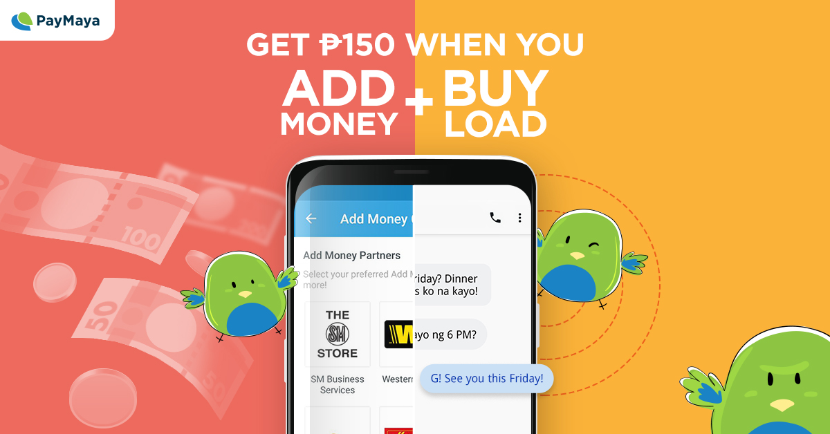 PayMaya Birds floating around beside big Mobile Phone