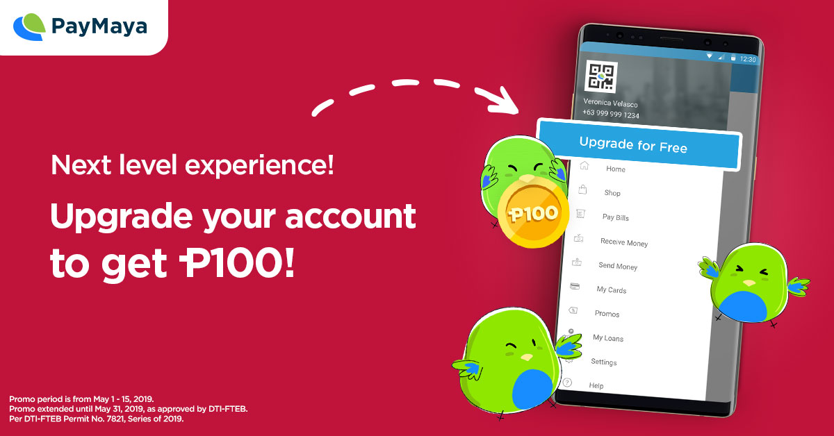 PayMaya Birds floating around beside big Mobile Phone using PayMaya application - Upgrade for Free