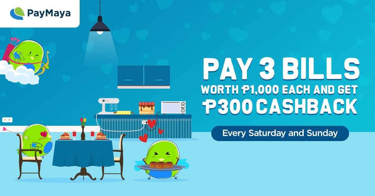 PayMaya Birds sitting facing in front of a table, floating and serving a three cup cake inside house